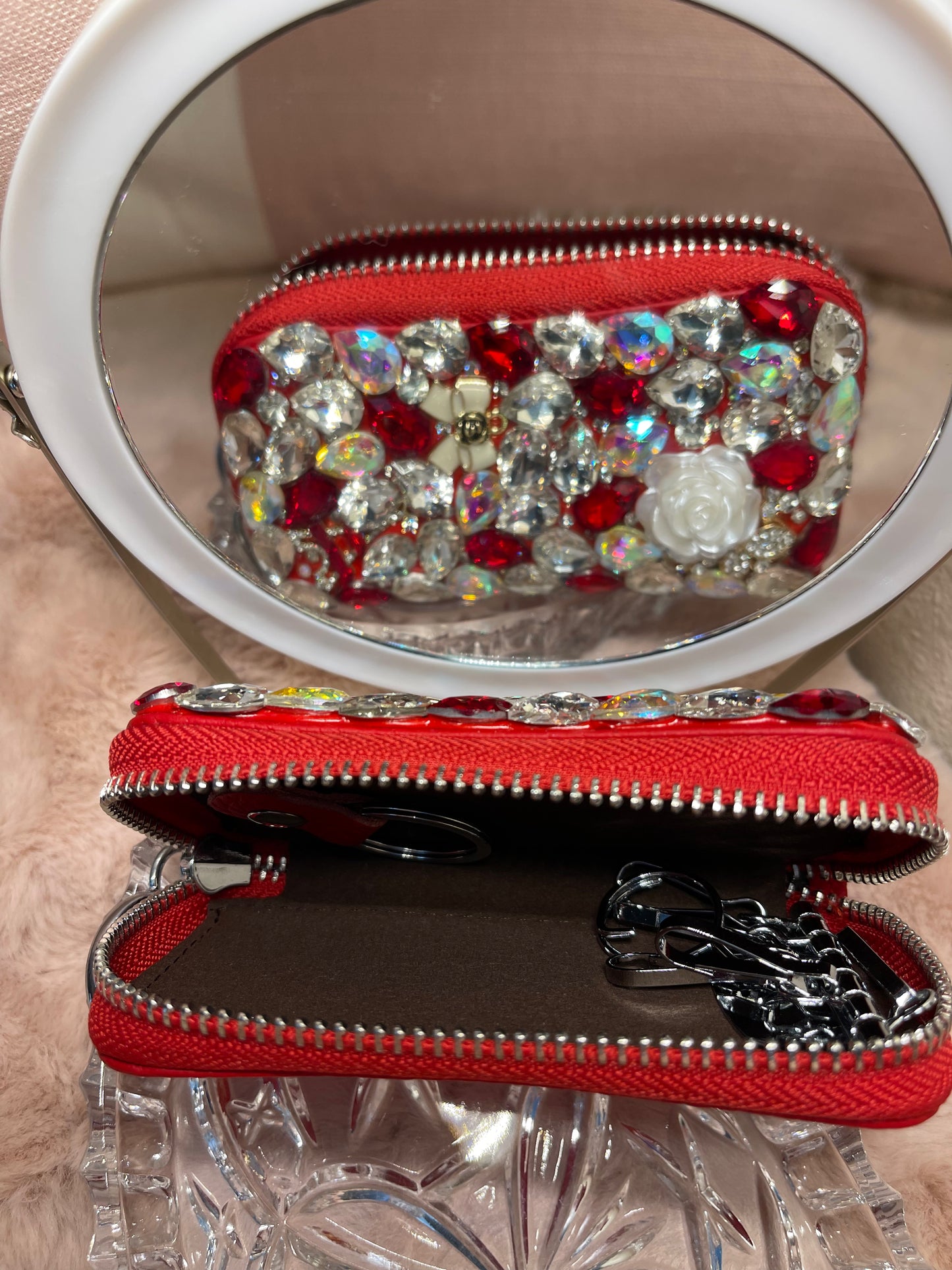 Compact Leather & Crystal Stones Case Wallet with Key Chain Holder