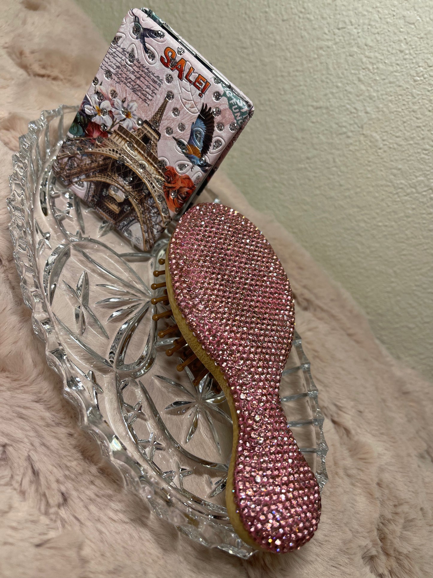 Rhinestone Design Hair Brush & mirror Set