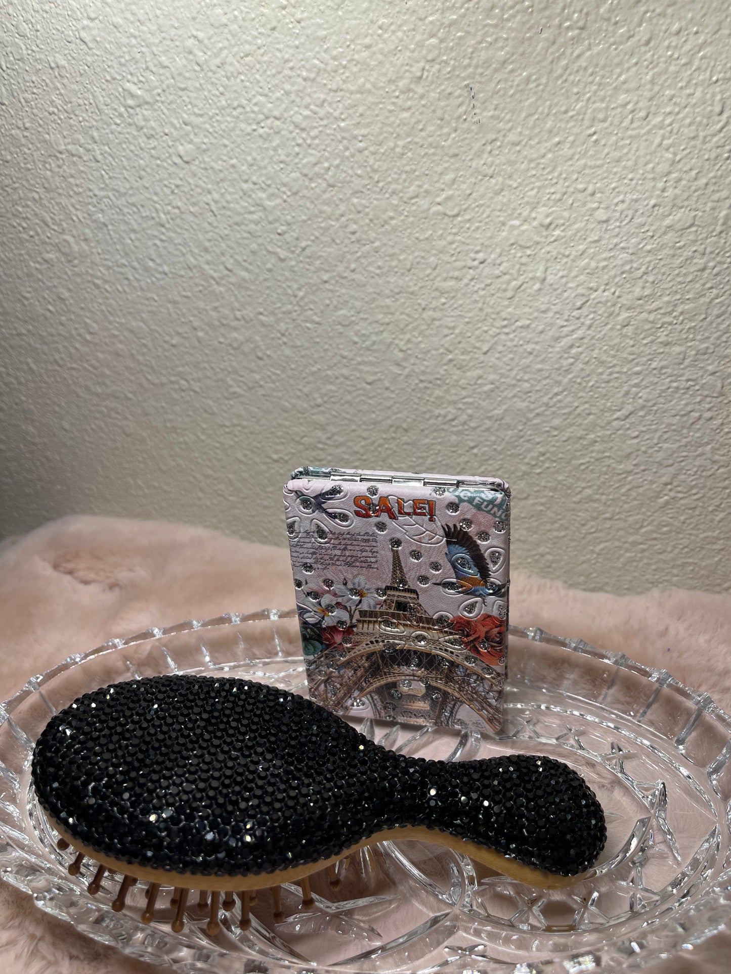 Rhinestone Design Hair Brush & mirror Set