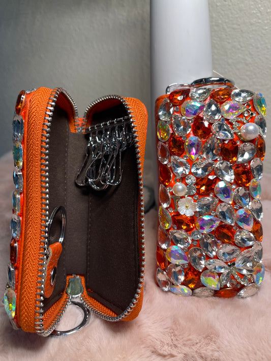 Compact Leather & Crystal Stones Case Wallet with Key Chain Holder