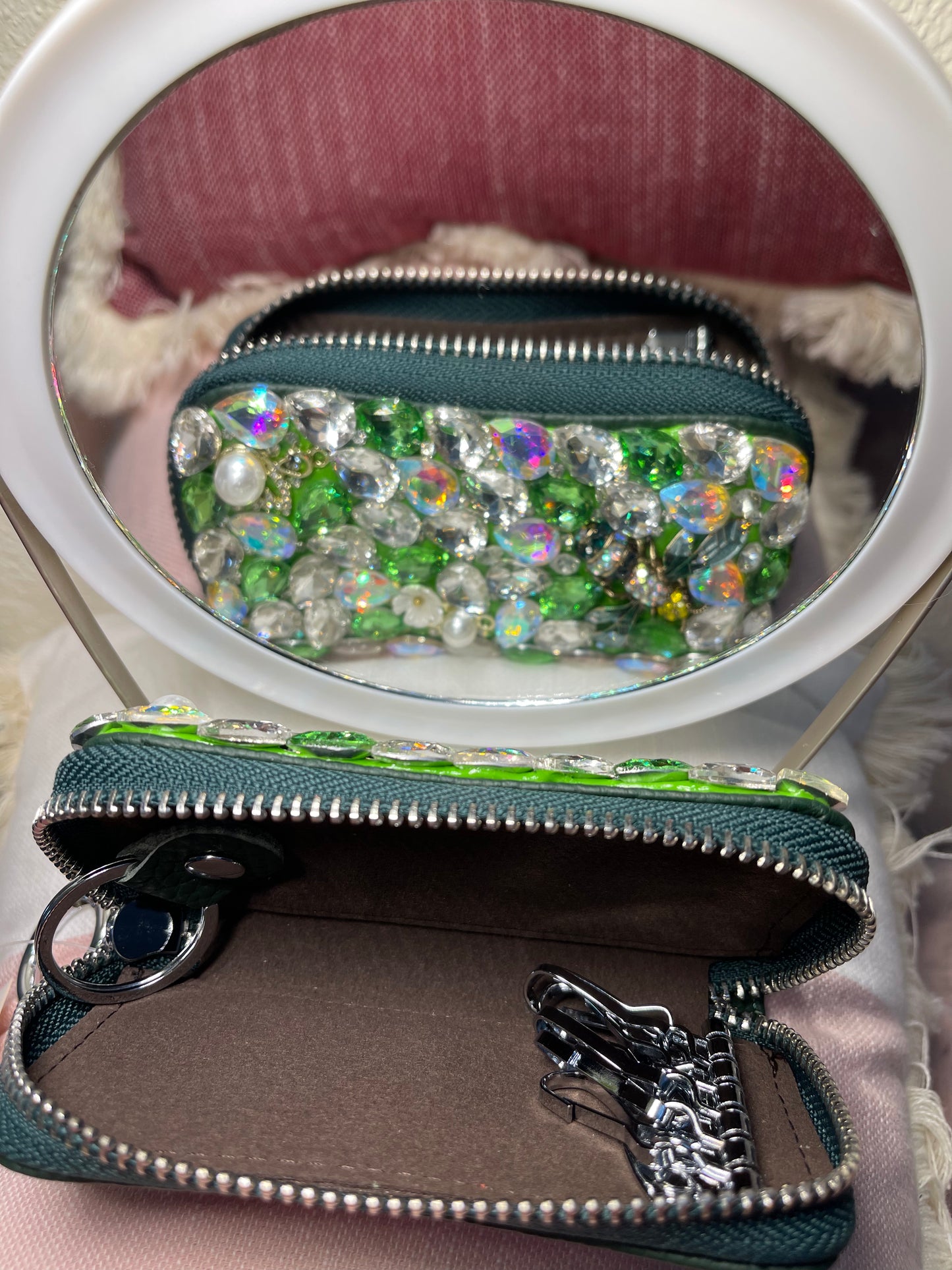 Compact Leather & Crystal Stones Case Wallet with Key Chain Holder