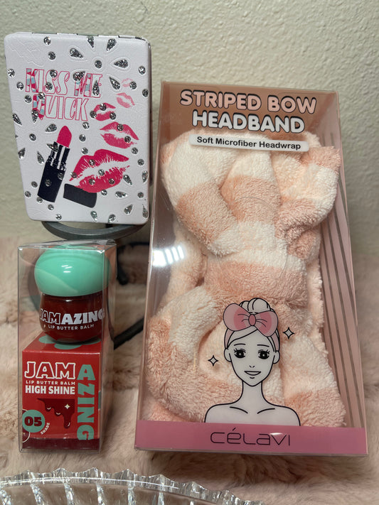 3 Piece Set/Mirror, Lip balm and Microfiber headband