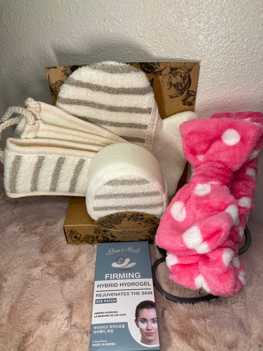 Bow Headband, Hybrid Hydrogel Eye Patch and  Shower Sponge Kit