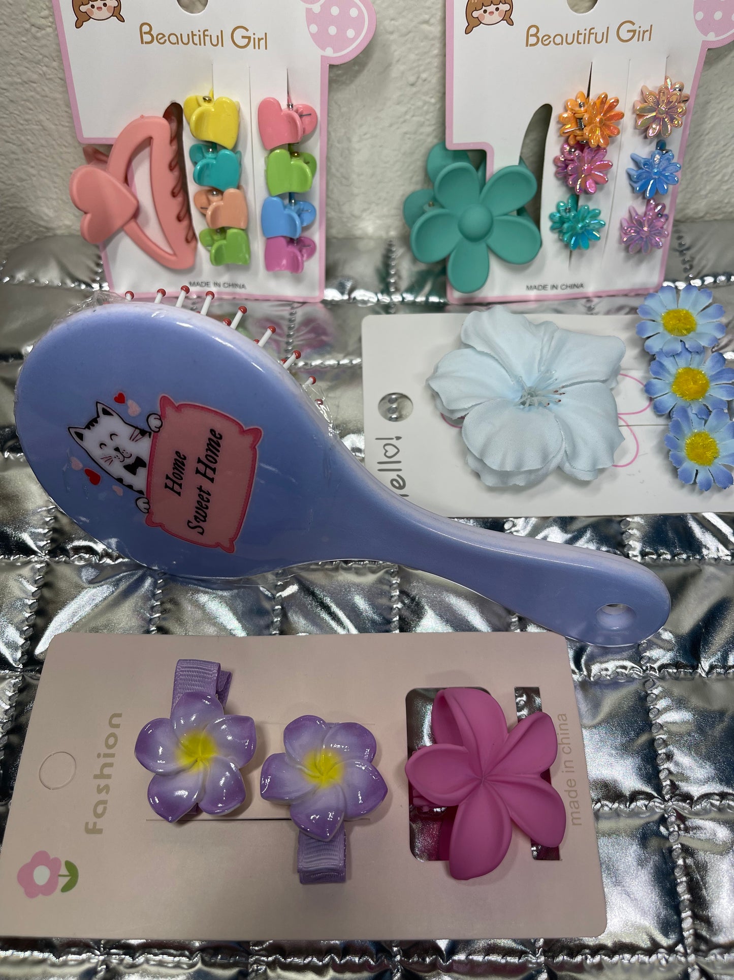 Girls Barrettes & Brush Set/ 4 hair ornament strip an a brush