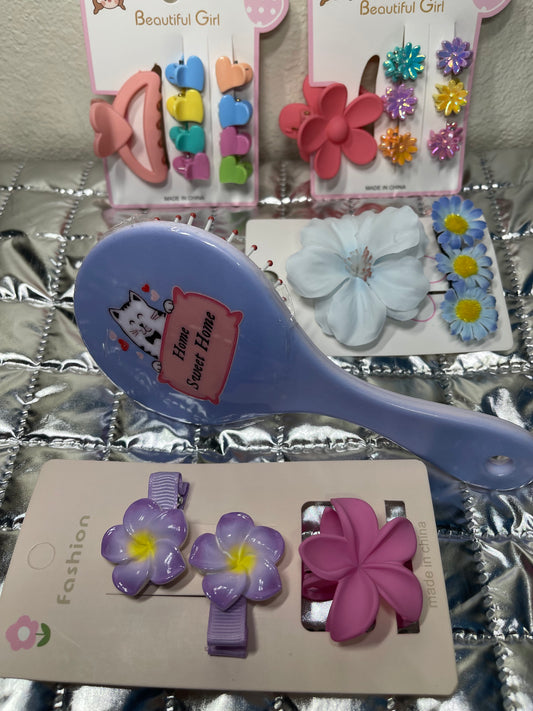 Girls Barrettes & Brush Set/ 4 hair ornament strip an a brush